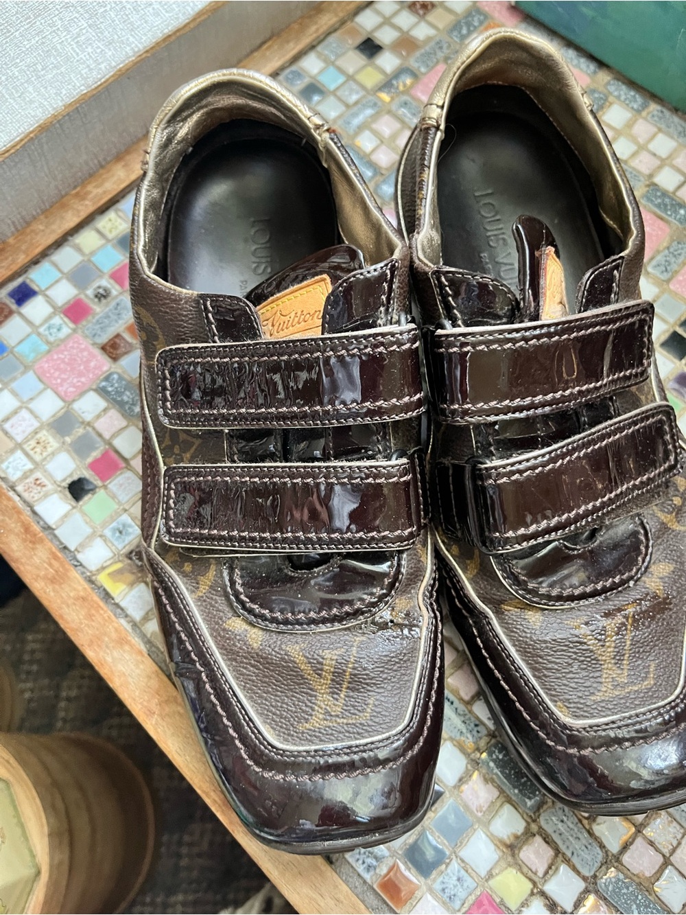 Louis Vuitton Brown Monogram Patent Leather Velcro Sneakers